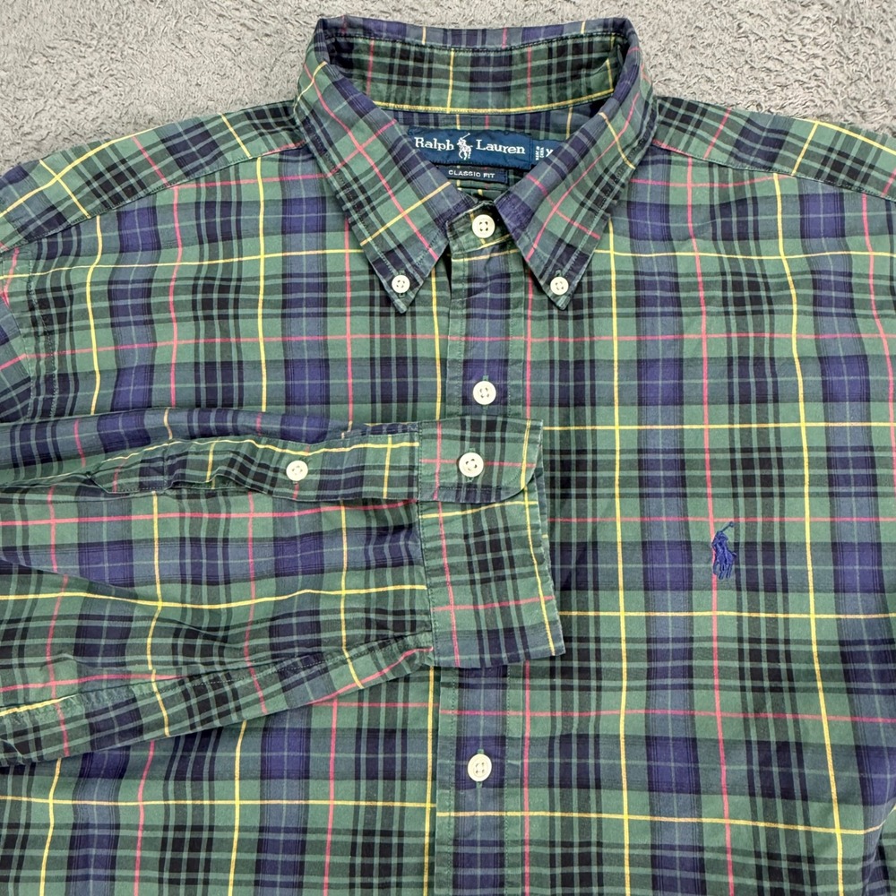 Ralph Lauren Button Down Shirt Mens XL Green Plaid Classic Fit Long Sleeve